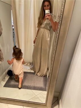 Metallic Gold Pleated Maxi Dress with Short Sleeves